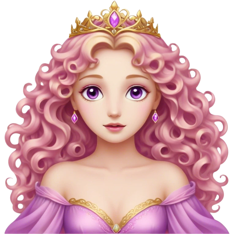 Cinematic Stunning Aurora Portrait Emoji, Ethereal in her flowing pink gown, golden curls shimmering, soft violet eyes filled with serenity, an enchanting glow surrounding her, capturing the beauty of a princess lost in a dream! emoji