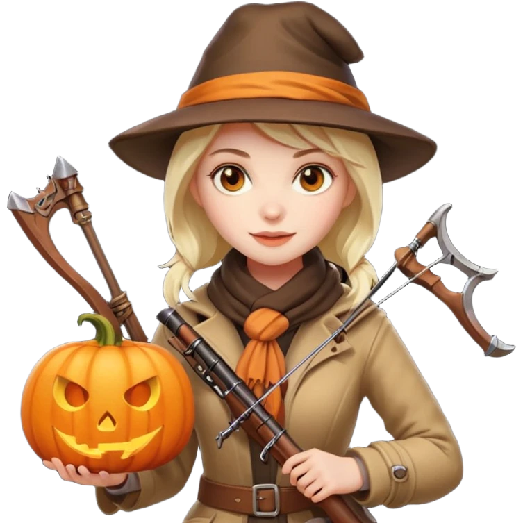 female human monster hunter emoji, wearing brown coat and hat, holding crossbow, soft smile, scarf, glowing pumpkin by her side, Halloween fantasy style, clean vector Apple emoji look, bright colors, white background, square emoji