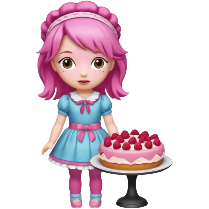 Isolated detaile illustration incredibly modern raspberry torte doll figurine full body with pink hair and a raspberry hairband emoji