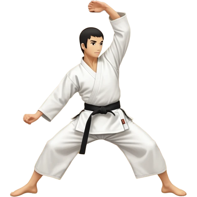 An icon showcasing a martial artist in a dynamic aikido move, performing a graceful throw or joint lock. The background includes a traditional dojo with wooden floors and simple decor. The artist wears a white gi with a black hakama, emphasizing the fluidity and precision of aikido. T emoji