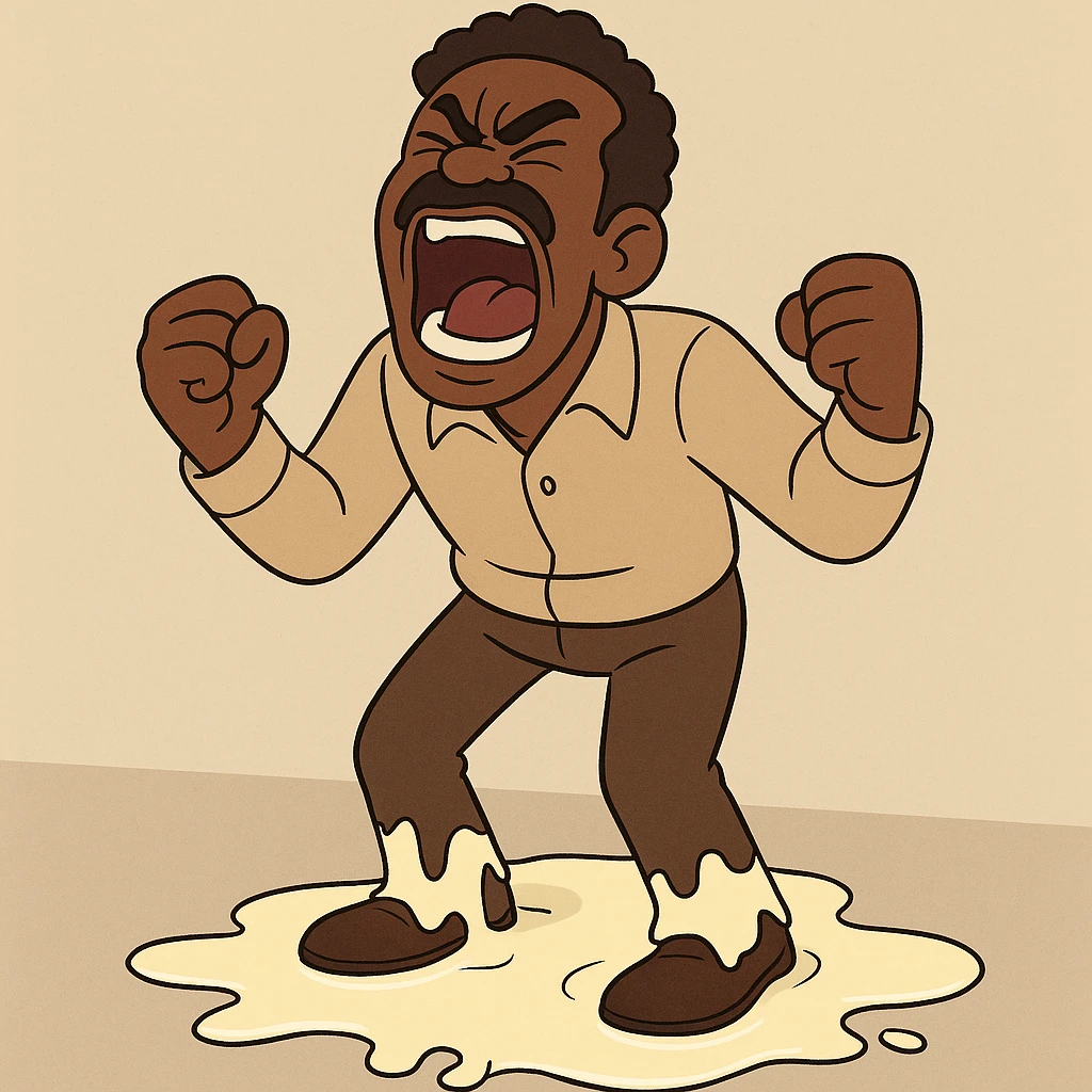 a black man screaming, standing over a pool of glue, expressive cartoon style emoji