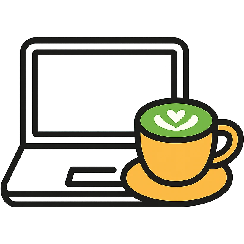 a MacBook and a matcha latte, minimal flat icon style emoji