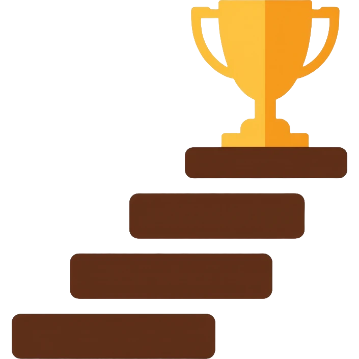 Path to success logo with steps or staircase leading upward to a trophy or achievement symbol, using brown shades and golden accents emoji
