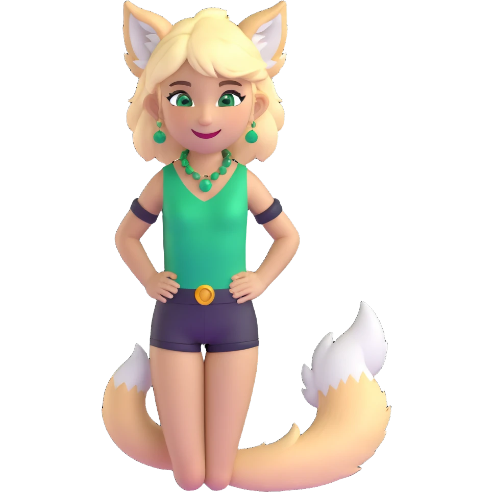 furry girl with wolf ears and tail, short blonde hair, emerald green eyes, soft skin, smiling emoji