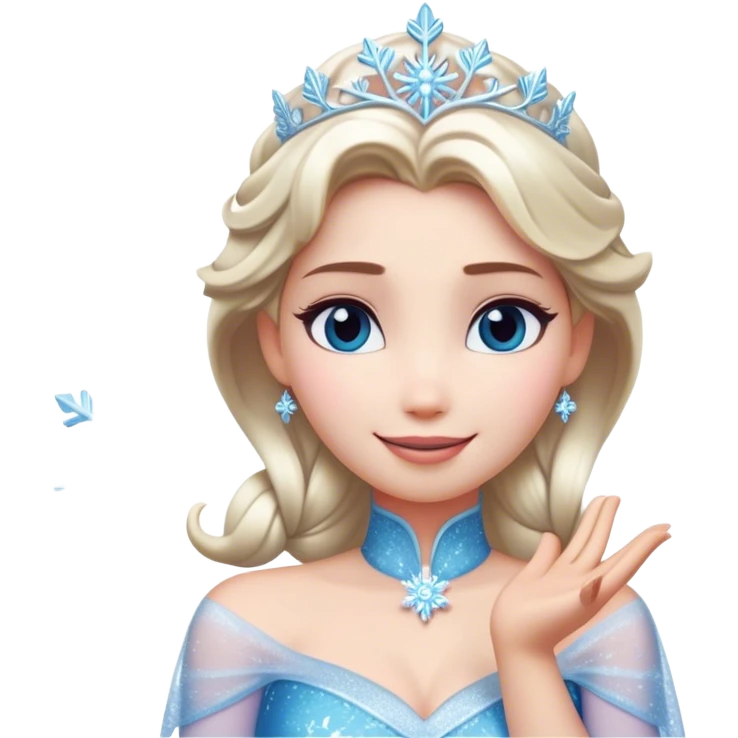 Cinematic Elegant Elsa Portrait Emoji, Standing gracefully with snowflakes forming in her hands, a soft yet confident smile, frosty shimmer surrounding her, a queen in perfect icy splendor! emoji