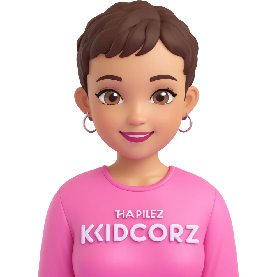 Lightskin girl with a pixie cut
pink blouse
hazel eyes
expression is smiling
Add the word Kidcore Creationz in Pink emoji