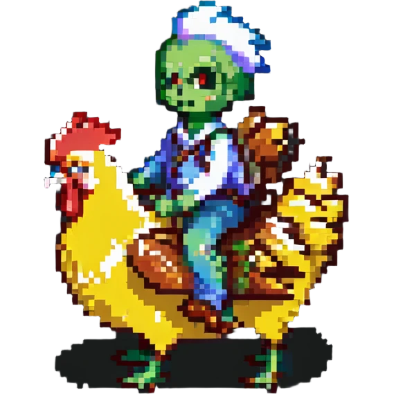 chicken jockey, a small zombie riding a chicken, pixel art style emoji