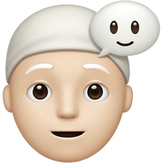 A very simple white stickman with no dostinc features but a mouth with awhite bubble chat above his head emoji