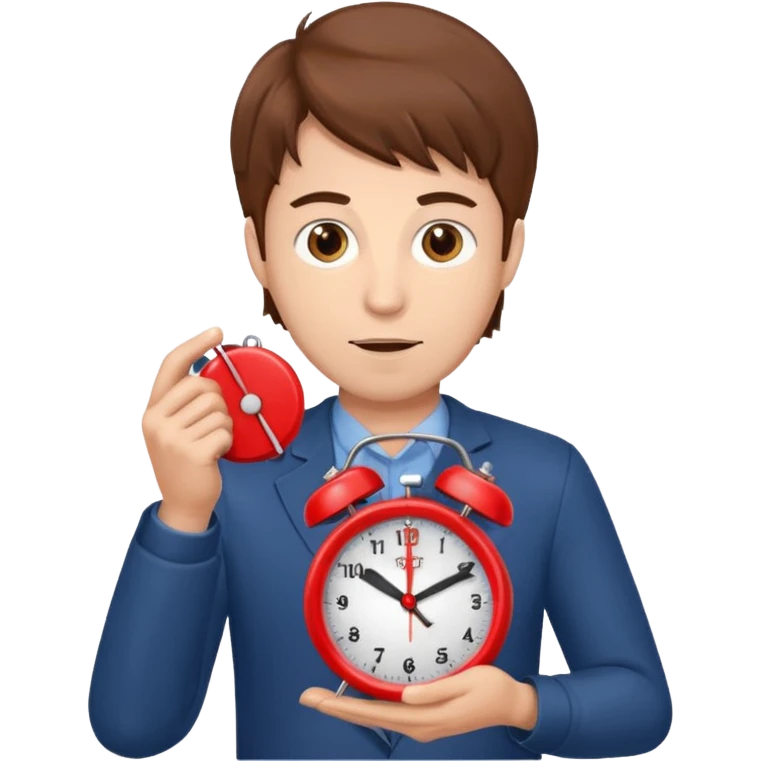 A man with brown hair holding a red alarm clock emoji