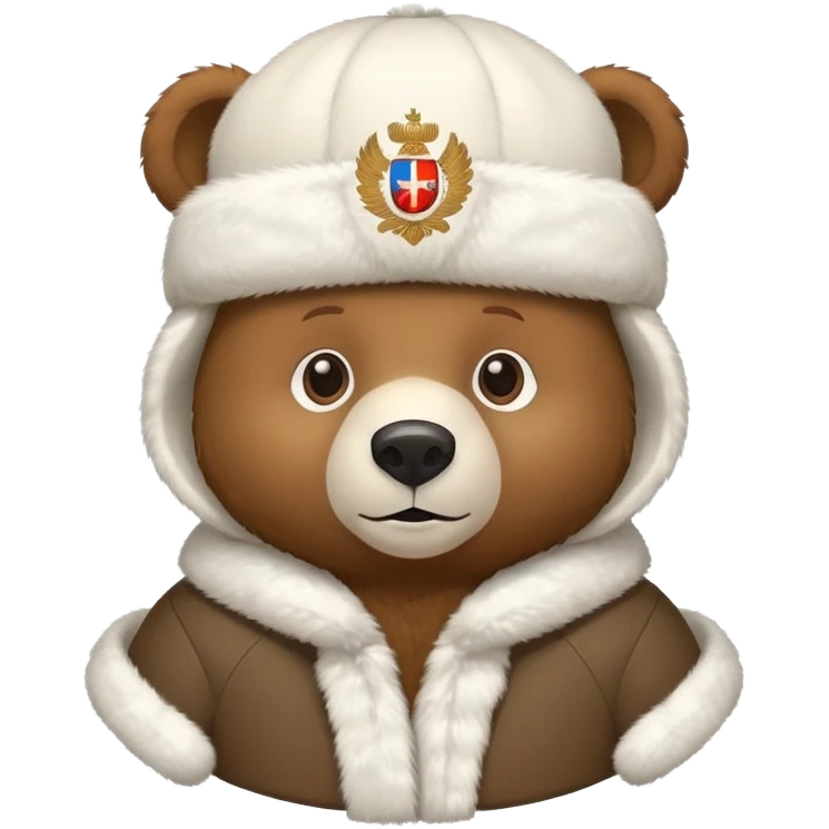 Cute brown bear in white fur ushanka hat with centered Russian coat of arms, front view, iOS emoji style emoji