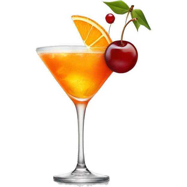 Cocktail garnished with an orange and a cherry emoji