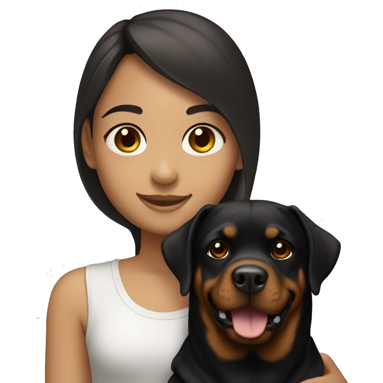 smiling light skinned girl with long straight dark brown hair holding a rottweiler emoji