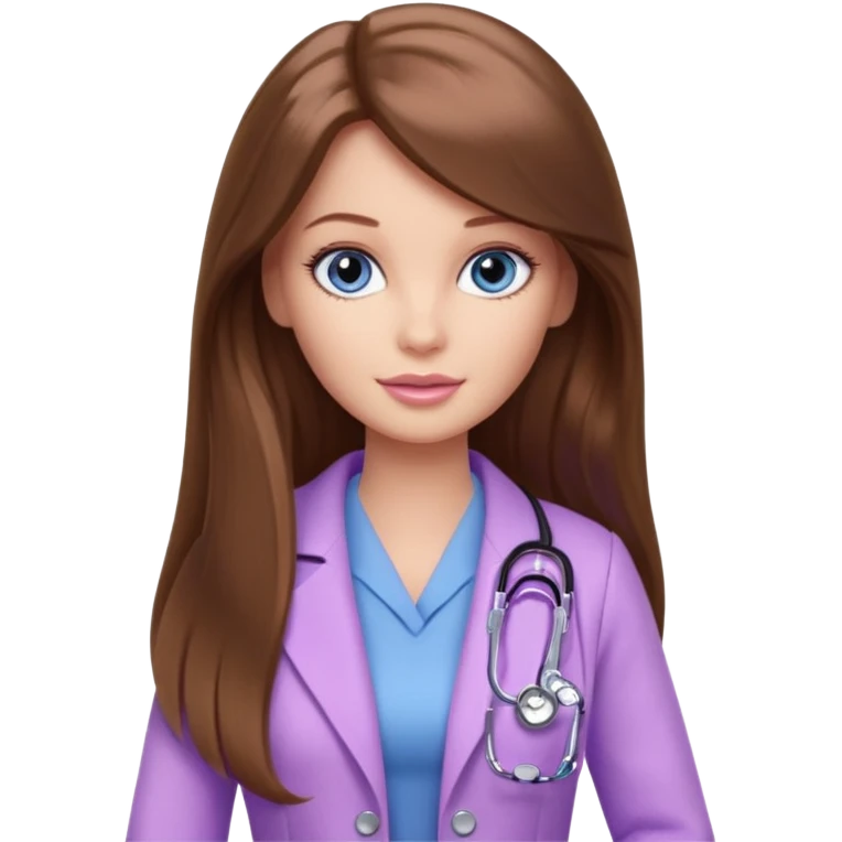 beautiful barbie girl with long brown hair, blue eyes and wearing light purple clothes watching doctor who emoji