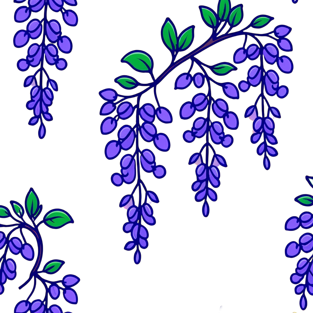 Decorative wisteria flower with elegant drooping clusters of purple blossoms and small bright green leaves emoji