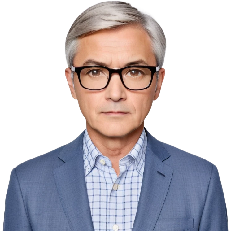 Middle-aged man around 50, square face with slight wrinkles, large dark square-framed glasses, short straight hair with subtle graying and side part. Composed serious expression. Wearing a light gray blazer over a white button-up shirt with blue checkered pattern. emoji