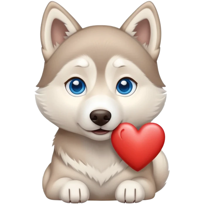 Beige husky with blue eyes holding a brown heart emoji
