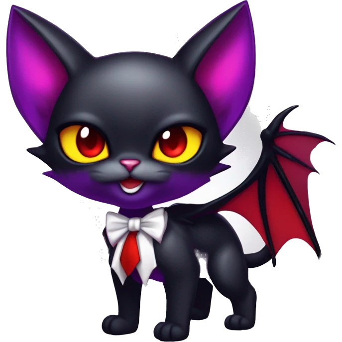 Cute-Evil-Vampiric-Batty-Cat-Black-Purple-Red-Yellow-Contrast-Colors-Fantasy-Fur-Sona-Chibi-Shiny-Fakémon-Hybrid with horns and big fangs neck bow white tie leg spats full body emoji
