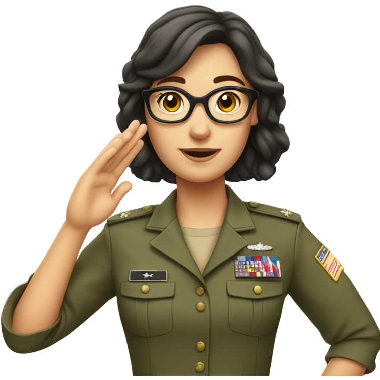 a caucasian brunette female with glasses making the military salute emoji