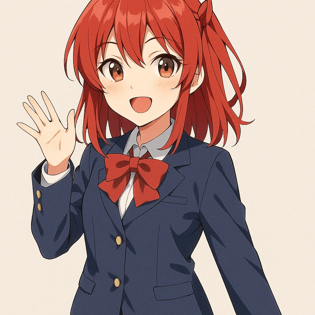 anime style woman with red hair in school uniform cosplay, cheerful expression emoji
