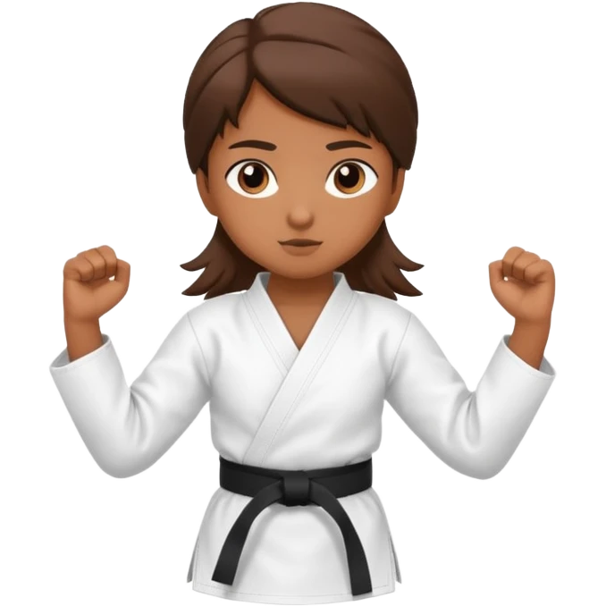 Ragazza castana che pratica karate, ha la cintura nera ed io tradizionale kimono bianco del karate, tira un calcio laterale oppure un pugno oppure è in posizione di guardia emoji
