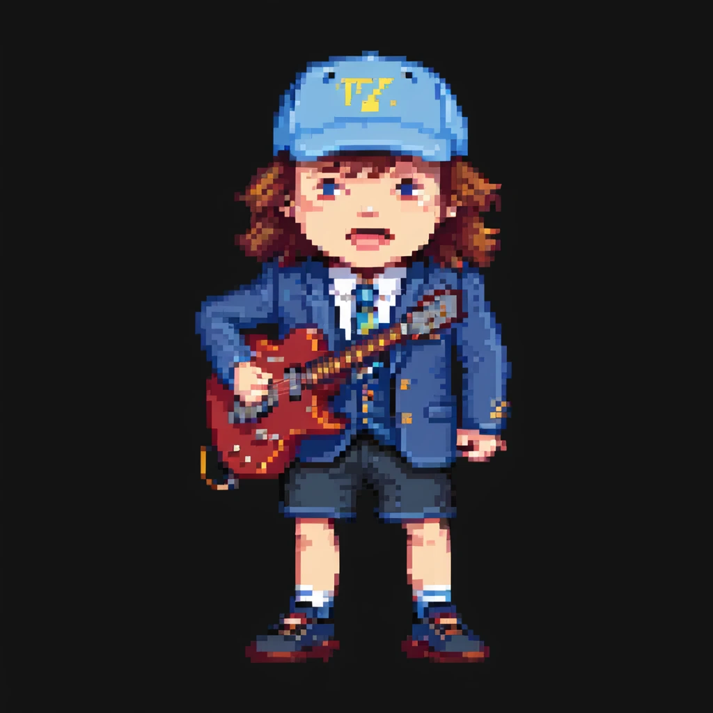 Angus Young in school uniform, blue blazer, shorts, and cap, rocking out, pixel art style emoji