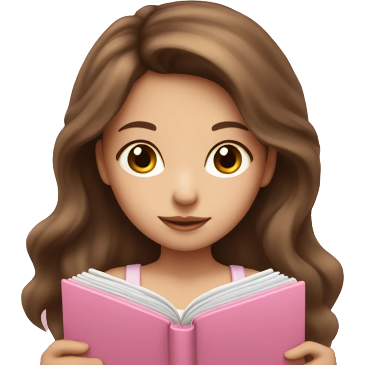 fair-skinned girl with long brown hair holding a baby-pink-colored book emoji