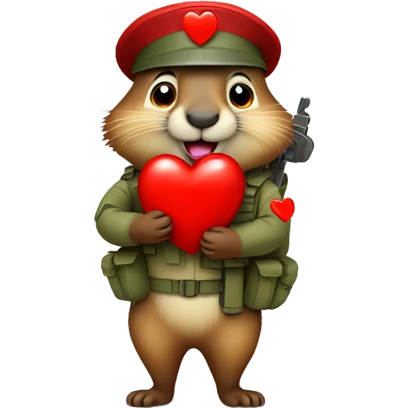 a cute soldier marmot hugging a red heart with love and passion being very happy emoji