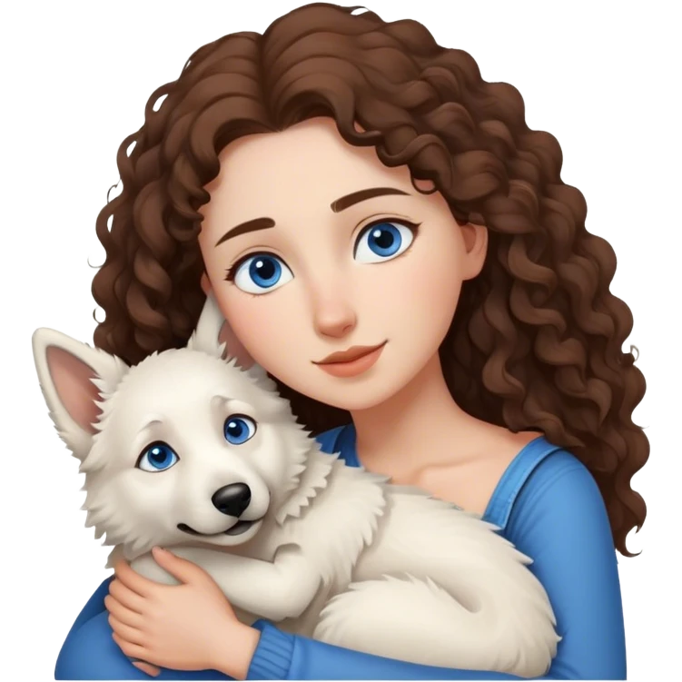 White Shepherd, Young Curly Long brown hair woman with Blue eyes umarmen  emoji