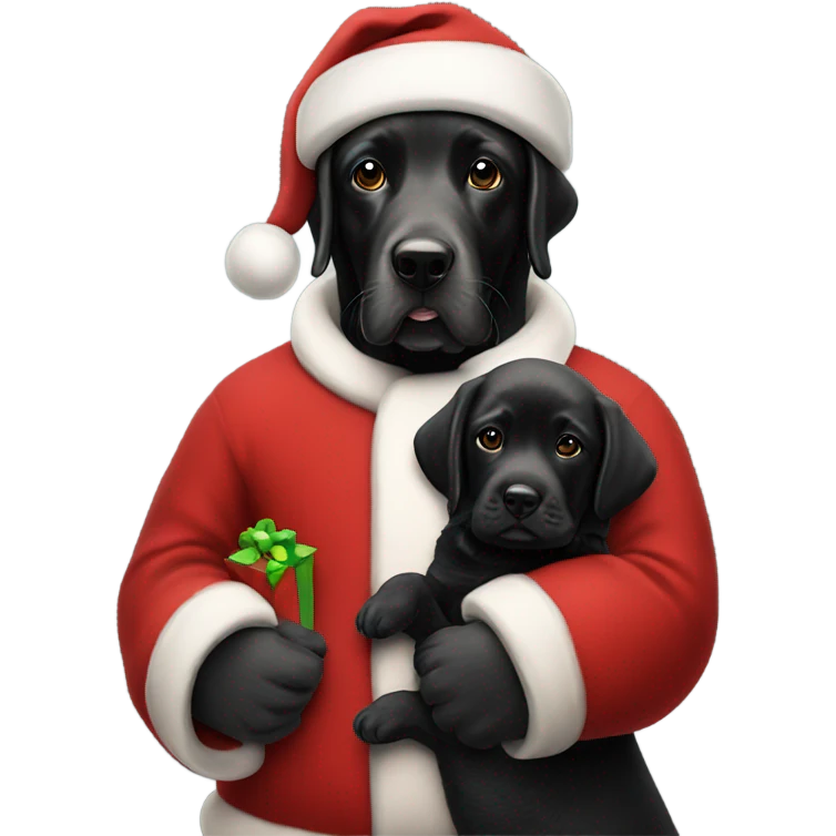Santa Claus in a red Santa outfit holding a 14 week old black Labrador  emoji