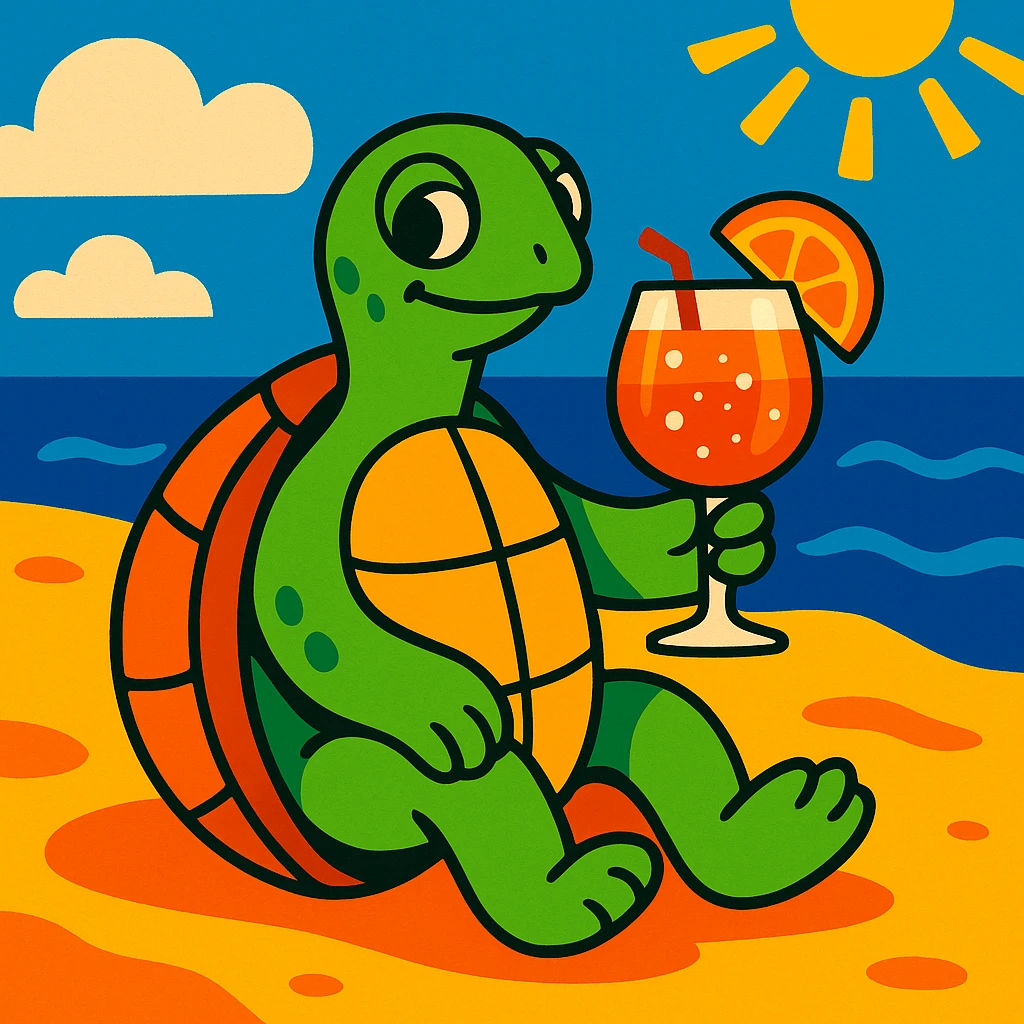 turtle sitting on the beach and drinking aperol spritz, vibrant and playful style emoji