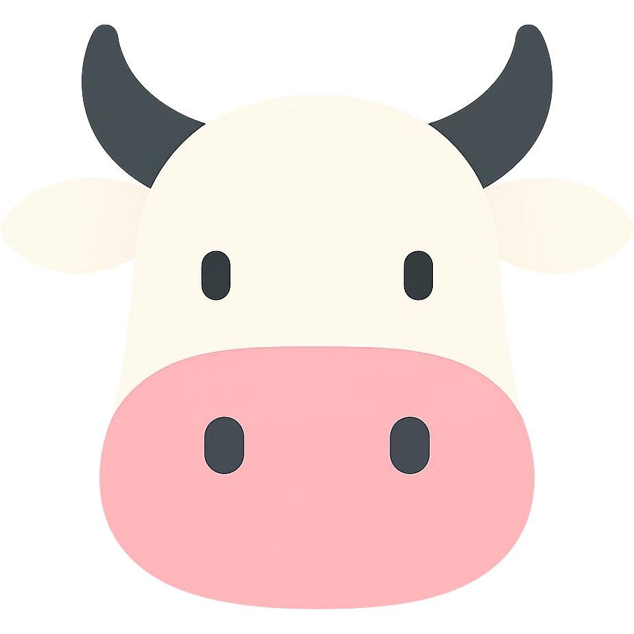 Show only the cow's head in a modern color icon style with clean lines, simple shapes, minimal details, using white and black with pink accents, no background. emoji