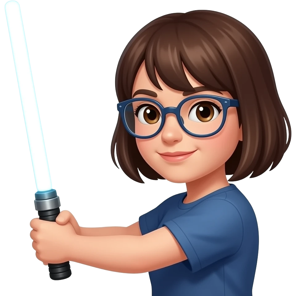 short hair brunette girl with glasses on the dark side with lightsaber emoji