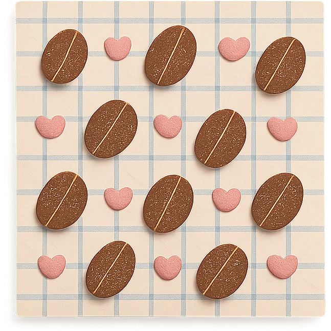 coffee bean pattern grid paper background with small hearts, soft pastel style, transparent background emoji