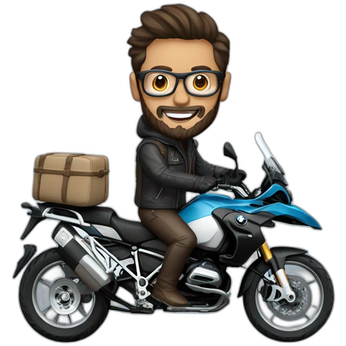 Francisco-Javier-Sans-Sánchez with beard and glasses, riding a BMW-R-1200-GS,waving emoji