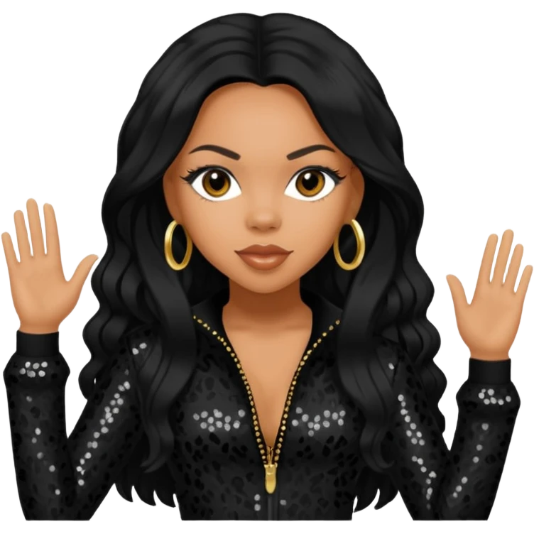 Kiely Williams from 3lw/Cheetah Girls with long jet black hair, black sequin outfit emoji