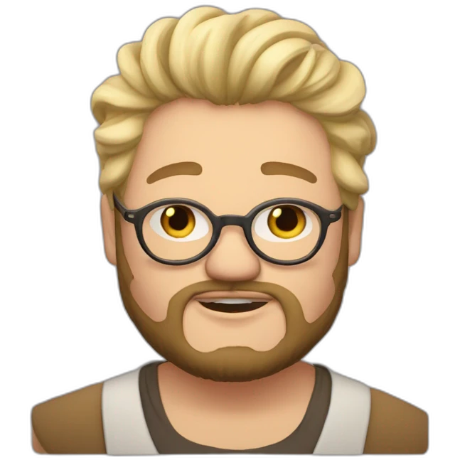 Chubby non binary Big lebowsky round glasses blond haïr chaotic beard drink rhum emoji