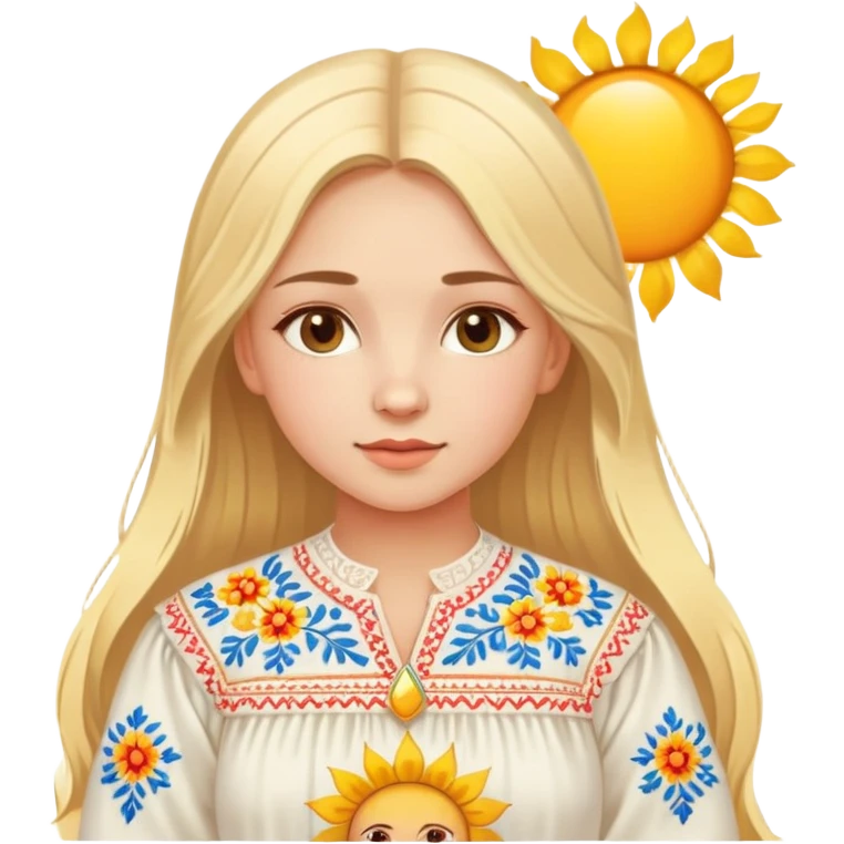 Ukrainian young girl with blonde hair wearing traditional vyshyvanka embroidered shirt holding a bright sun emoji
