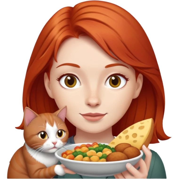 Red haired Woman sharing food with 1 grey cat emoji