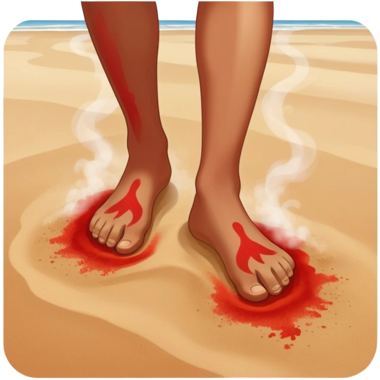 bare foot stepping on extremely hot beach sand with red pain marks and steam rising from the sand emoji