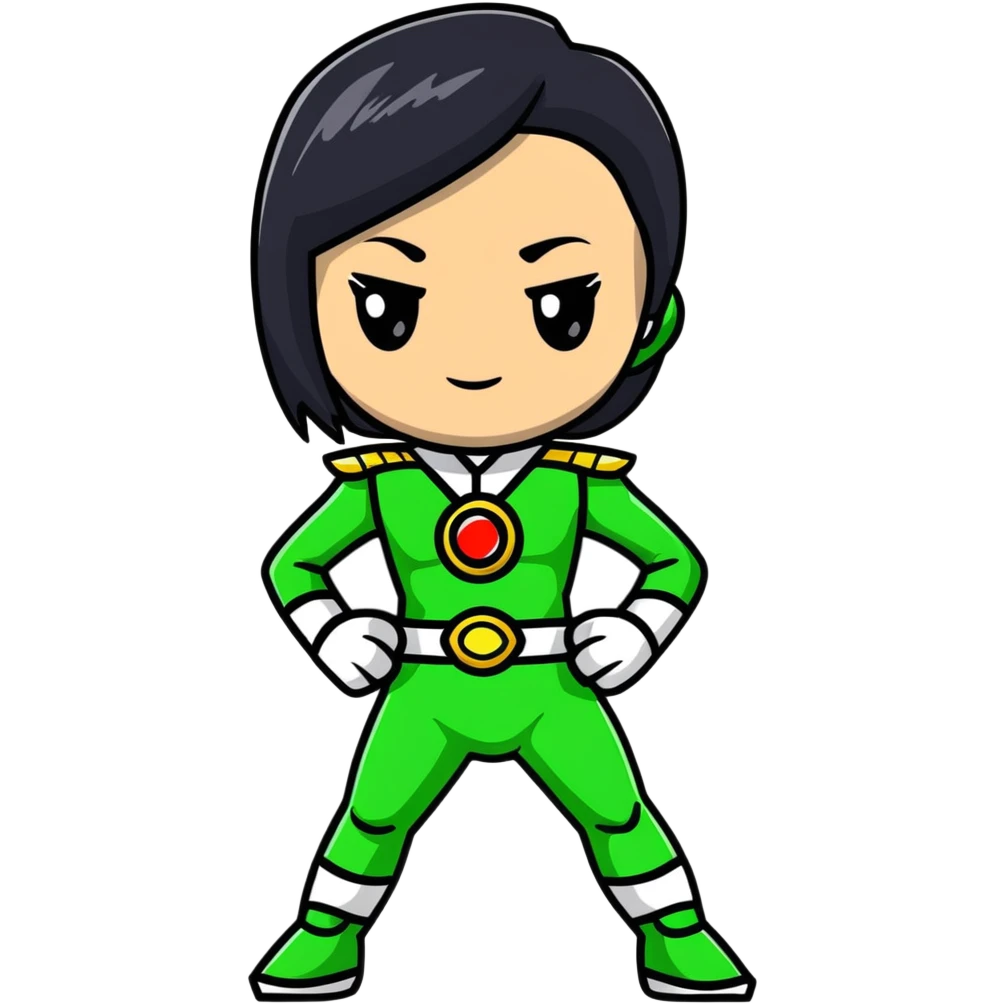 wasian girl in a green Power Ranger suit, black straight hair, black eyes emoji