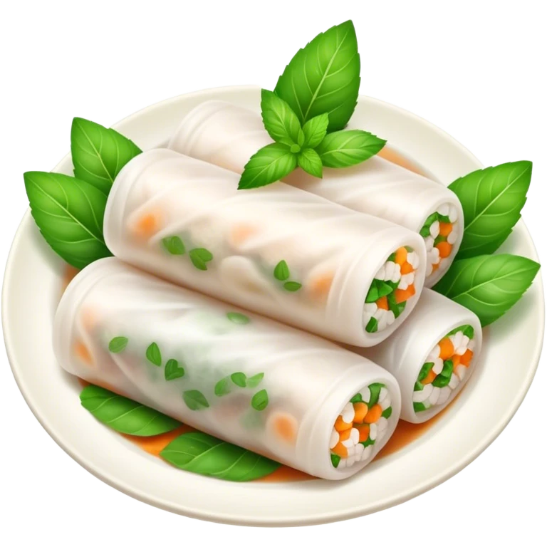 Bánh Cuốn Cinematic Realistic Bánh Cuốn Dish Emoji, depicted as delicate steamed rice rolls garnished with chopped mint on top, rendered with lifelike textures and fresh, vibrant lighting. emoji