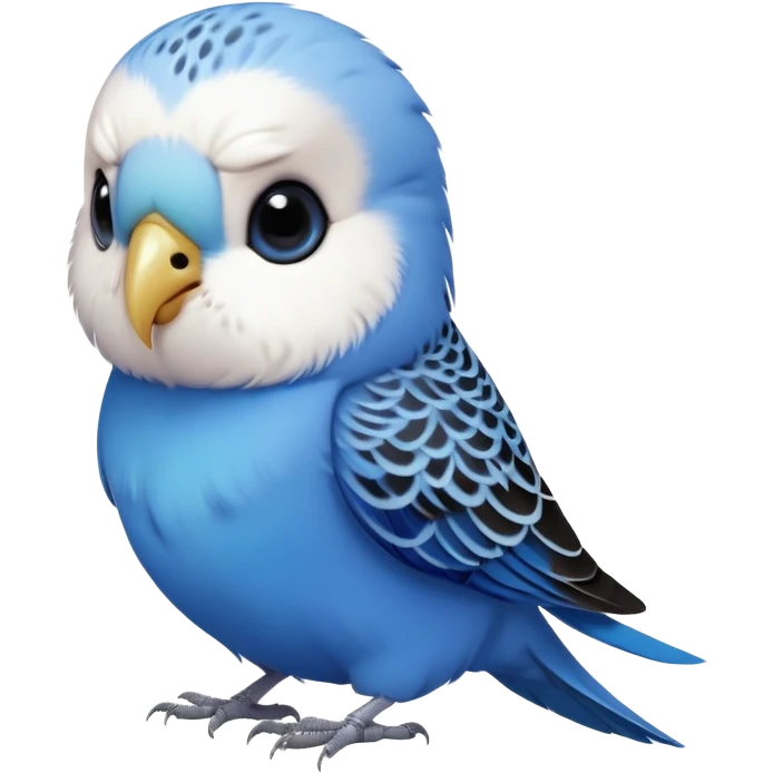 cinematic-cute-blue-budgie-portrait-emoji,-head-tilted-playfully-and-inquisitively,-featuring-a-brilliant-blue-feathered-fur-and white and black feathered face-with-a-natural-sheen,-round,-sparkling-dark-eyes-filled-with-curiosity,-simplified-yet-irresistibly-adorable emoji
