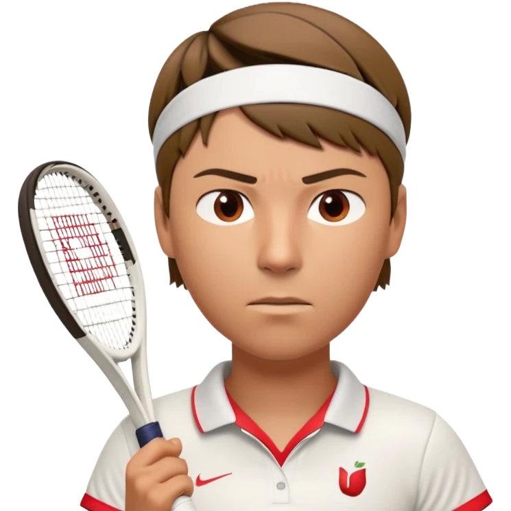 A 3D cartoon-style illustration of a male tennis player resembling Maria Sharapova. He is wearing a white tennis shirt with a small logo, a white wristband, and holding a red and white tennis racket. His expression is serious and focused. He has short brown hair and a headband with a small red logo. The style is similar to an Apple emoji or Memoji character – clean, high-quality, slightly exaggerated facial features, and polished rendering. White background.
 emoji