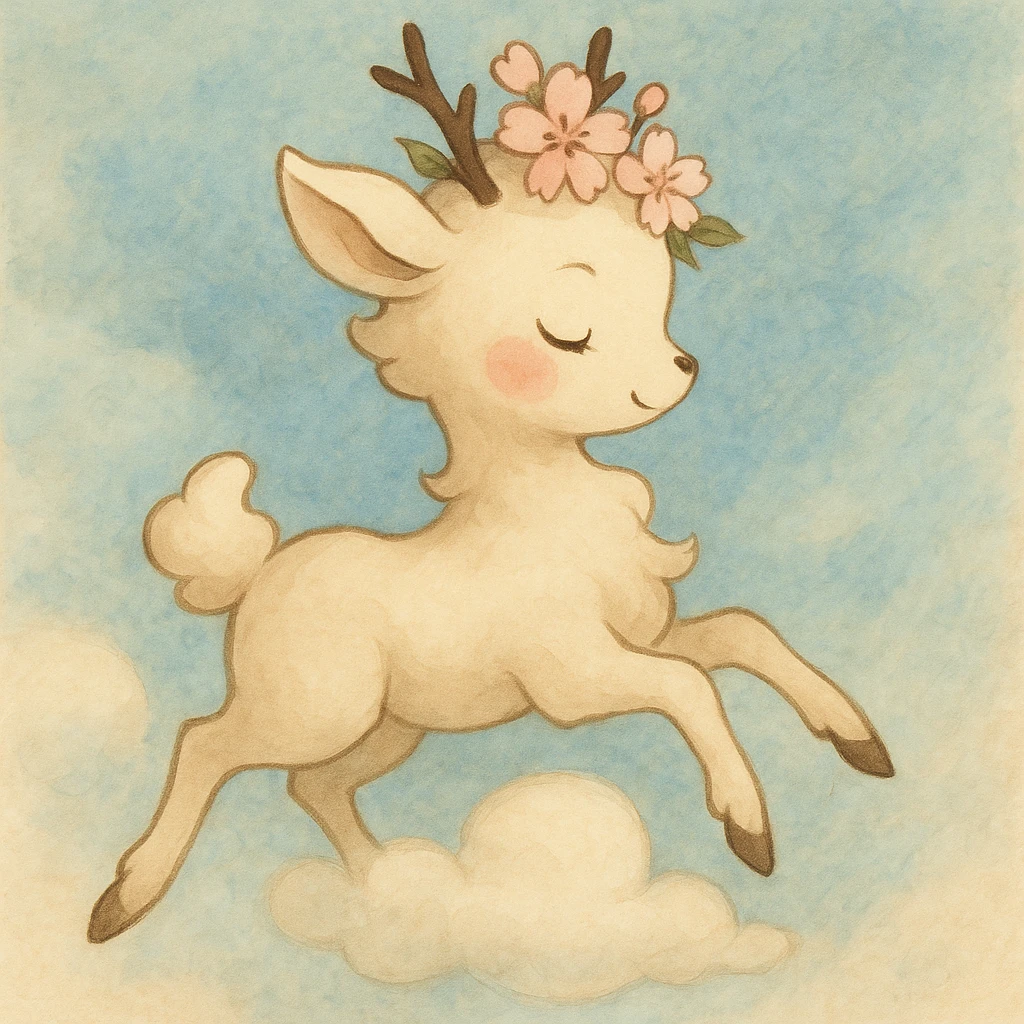 Refine the vanilla cloud doe with rosy cheeks and a cherry blossom crown to float gracefully, not facing front. Enhance its suitability as a brand identity mascot for social media with a soft and whimsical style. The pose and expression should convey magical, graceful floating energy, avoiding any front-facing view. emoji