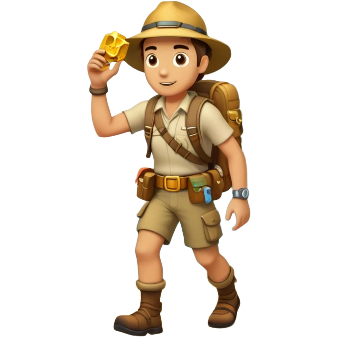 an adventure game, inspired by Uncharted-2. The design features a rugged explorer navigating through ancient ruins, with treasure and obstacles in the background. A dynamic environment with jungle, cliffs, and puzzles highlights the thrill of discovery and action. Transparent background. emoji