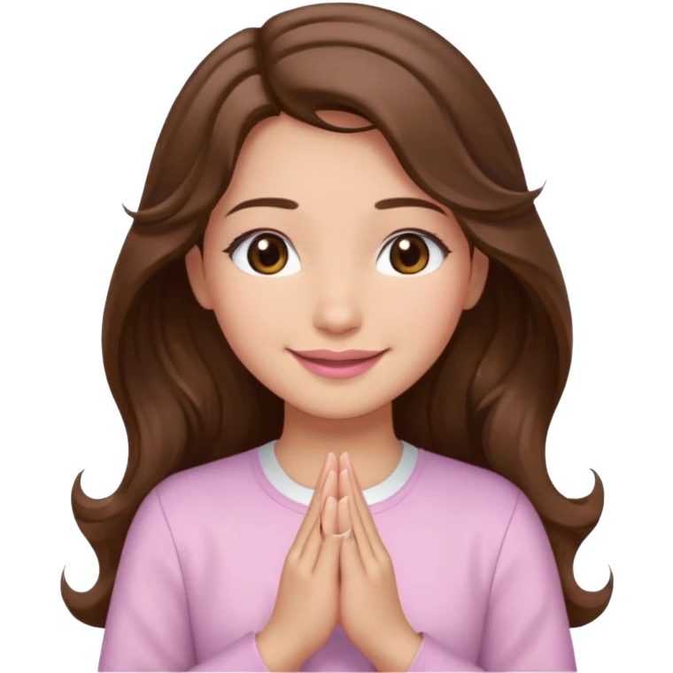 girl with wavy long brown hair, brown eyes, light to medium complexion, long lashes, light pink lipstick, praying, smiling, wearing light pink shirt emoji