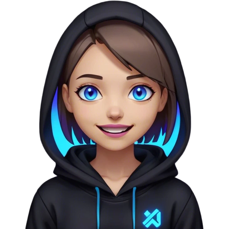 a girl with a brown bob and blue eyes in a black hoodie laughs and holds her head Cyberpunk style. Violet neon. emoji