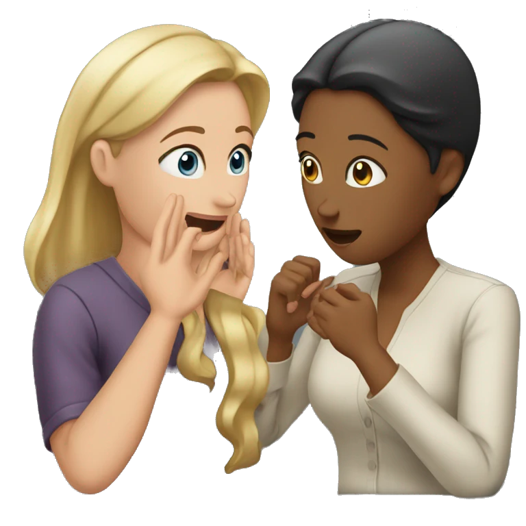 one woman saying something into the ear of another woman closing by hand emoji