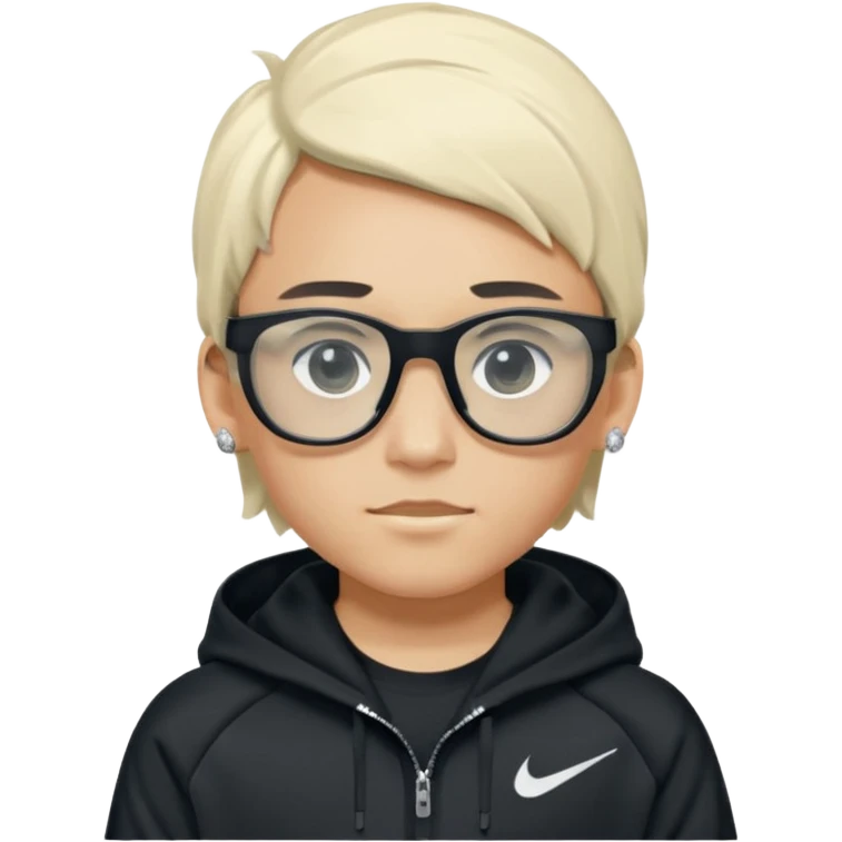 un emoji de un chico emcapuchado blanco con luzes negras e rubias, com uma chaqueta negra nike tech y unas gafas de oakley, con pendientes de diamante, que las gafas sean estilo cuadradas, los pendientes q no se cuelguen, que sean redondos, en las dos cejas un corte, que las gafas no sean circulares emoji