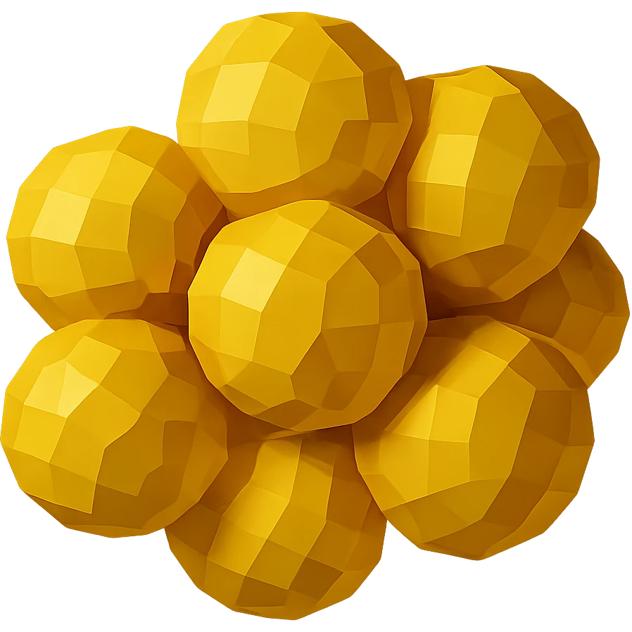 Hyperrealistic 3D yellow fat cells (adipocytes) similar to the reference image, with no background, arranged in a slightly different composition, in a low poly 3D style. emoji